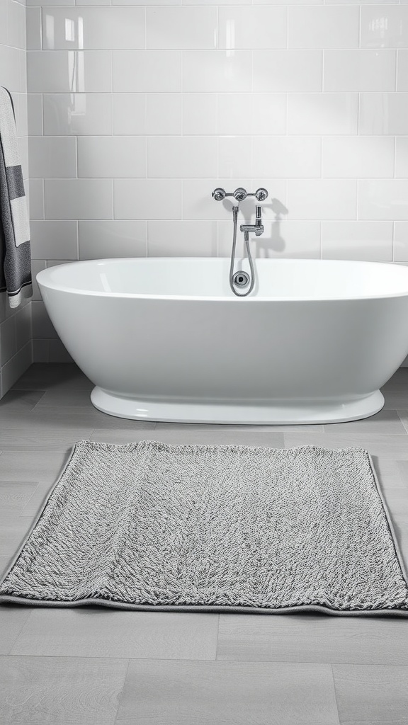 A modern gray and white bath mat placed in front of a stylish freestanding bathtub.