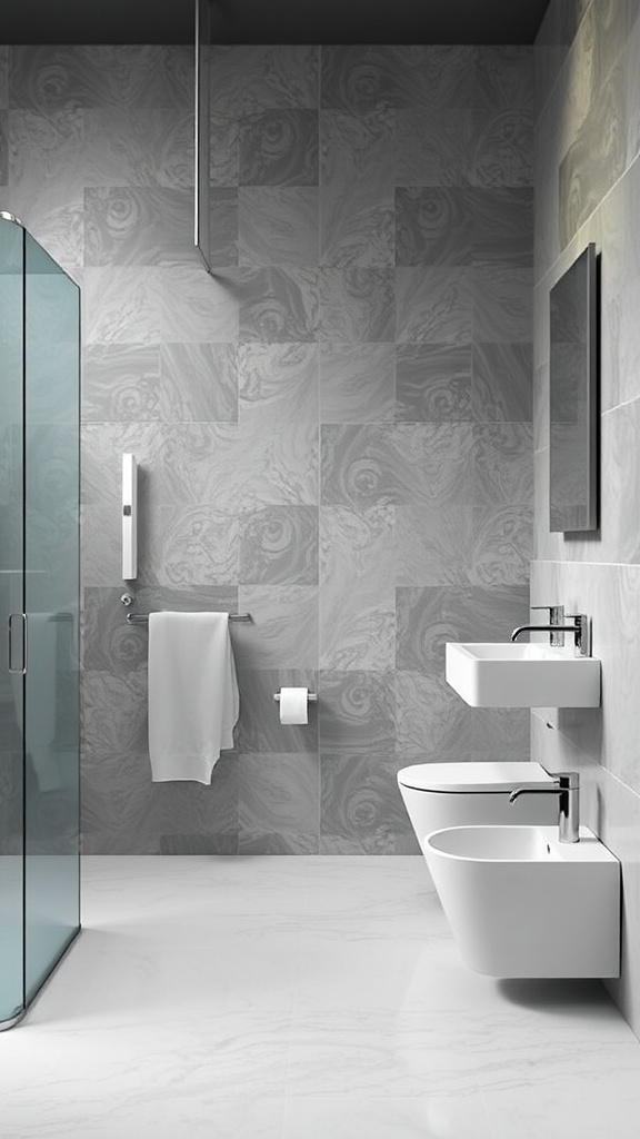 Modern bathroom with gray tiles, minimalist fixtures, and sleek glass shower