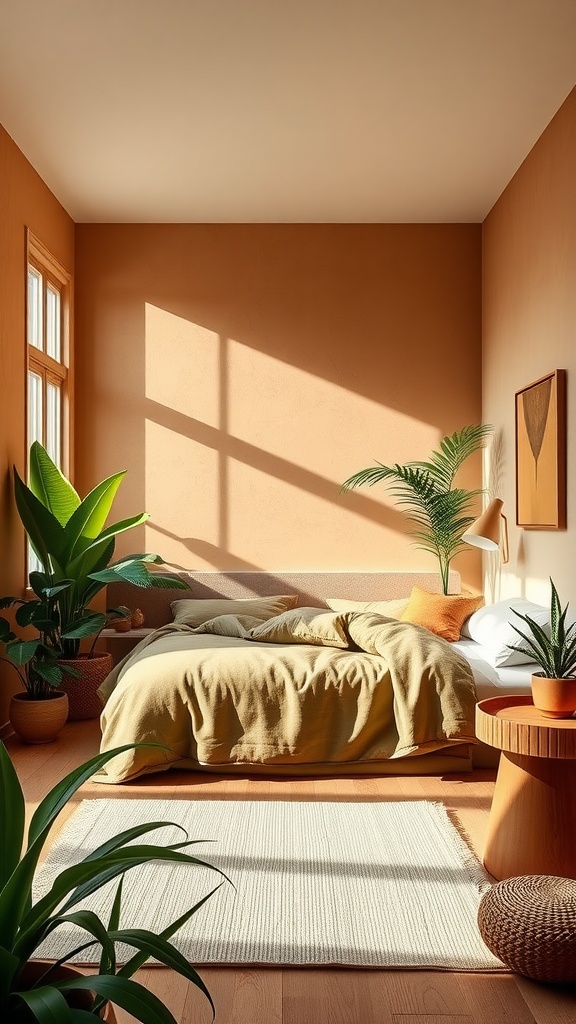 A modern bedroom featuring terracotta walls and green plants, showcasing a minimalist design.