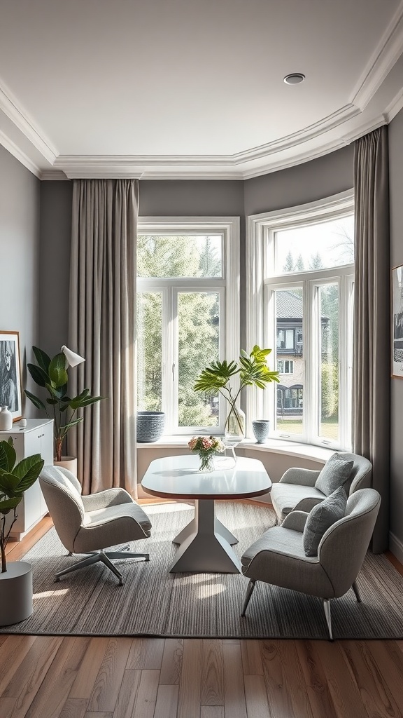 Modern home office featuring gray walls, natural light, stylish furniture, and plants