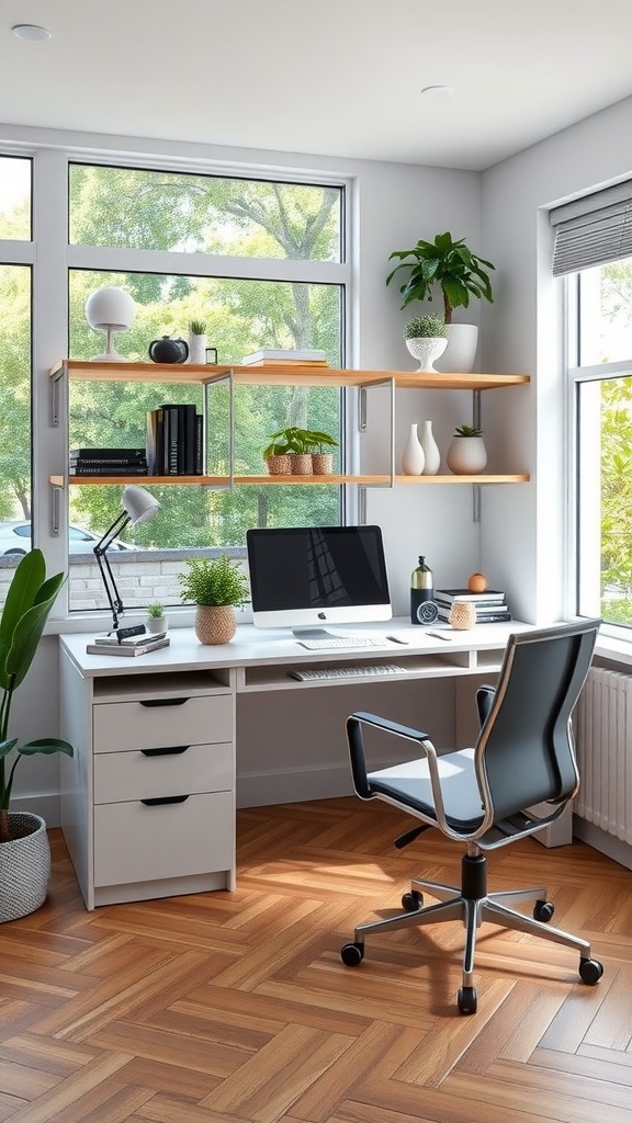A modern home office layout featuring a sleek desk, ergonomic chair, large windows, and decorative plants.