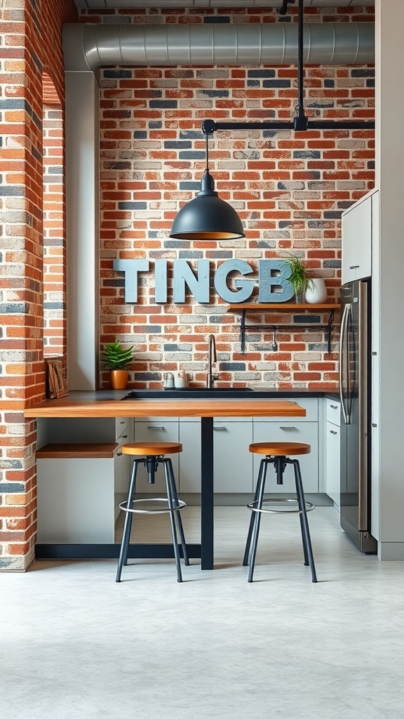 Cozy kitchen nook featuring an industrial style with exposed brick wall, wooden bar top, and metal stools.