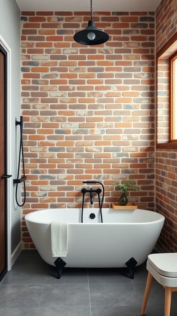 A modern industrial bathroom featuring a brick wall, freestanding bathtub, and minimal decor.