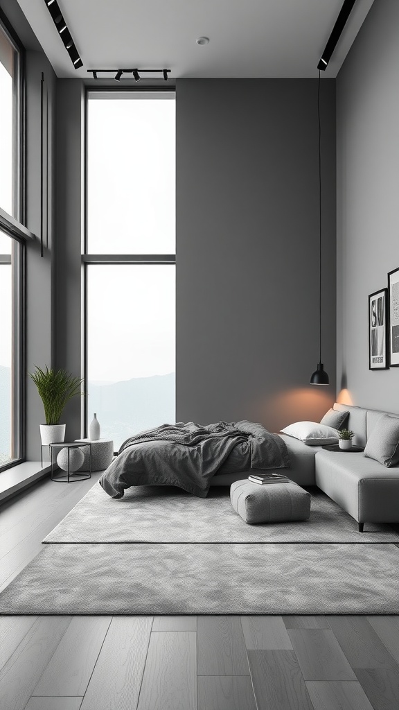 A modern minimalist grey bedroom with large windows, a sleek grey couch, and soft rugs.