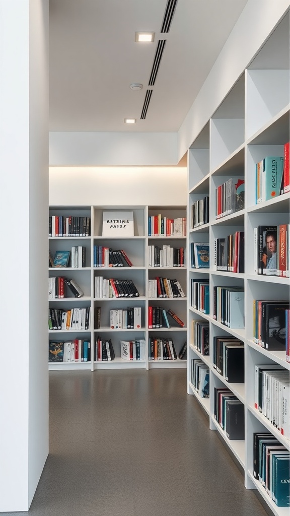 A modern home library with minimalist white shelving units filled with books and illuminated by soft lighting.