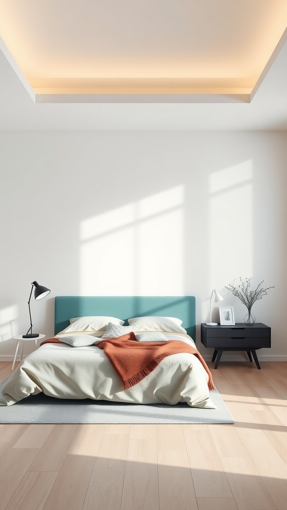 A modern minimalist teal bedroom featuring a teal headboard, light bedding, and a simple decor with natural light.