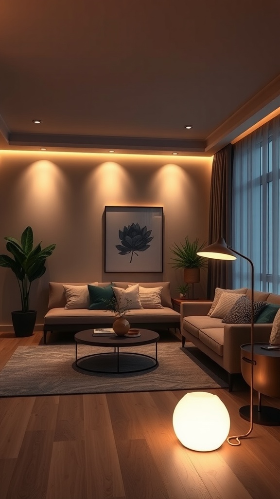 A modern living room with cozy lighting, featuring a soft glow from a floor lamp, warm ceiling lights, and stylish furniture.