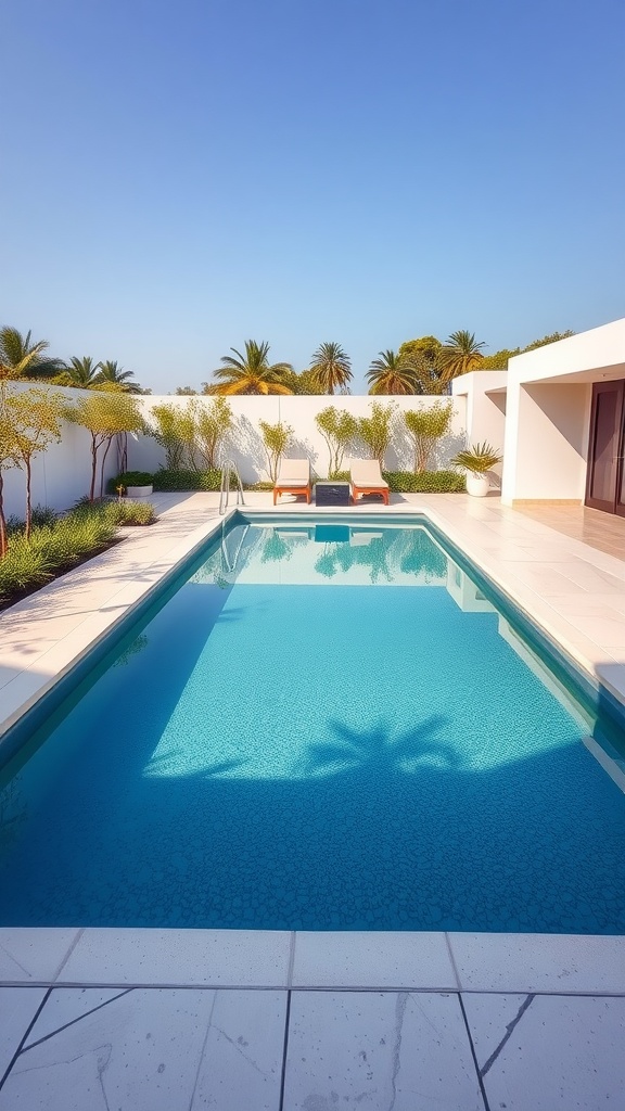 A modern rectangular swimming pool surrounded by greenery and lounge chairs.
