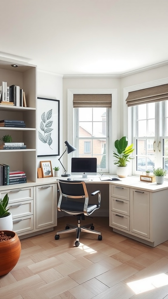 Modern office with built-in desk, bookshelves, and plants