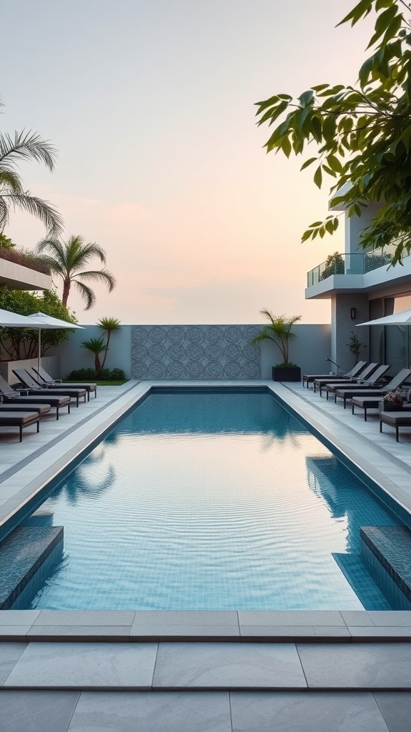 A modern rectangular swimming pool surrounded by lounge chairs and tropical plants under a twilight sky.