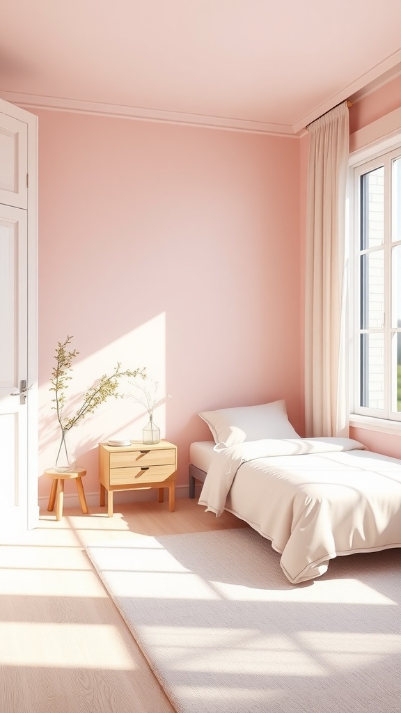 A minimalistic bedroom with pink walls, wooden furniture, and natural decor.