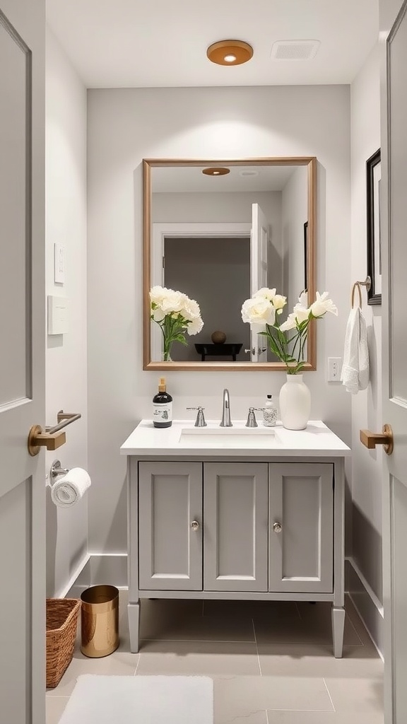 A modern powder room featuring a gray vanity, fresh flowers, and stylish decor.