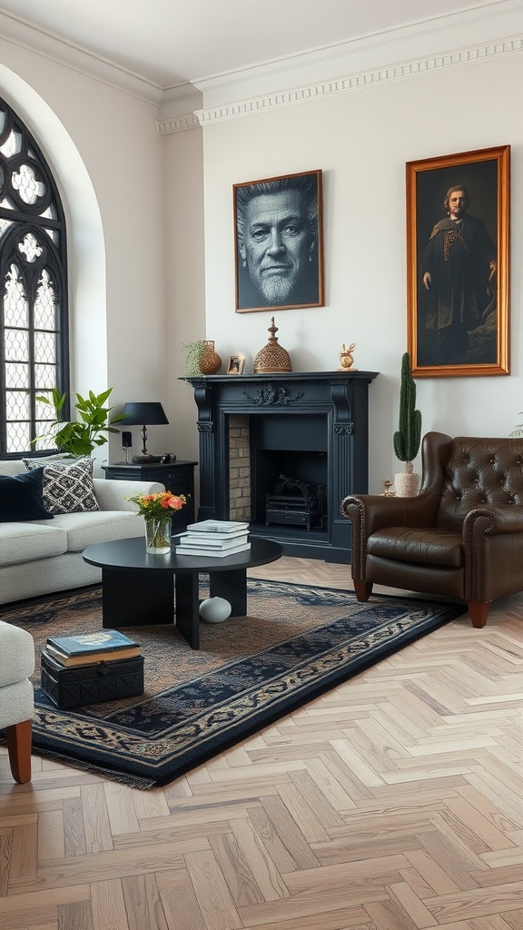 A stylish living room with a modern rug under traditional furnishings, showcasing Gothic and minimalist design elements.