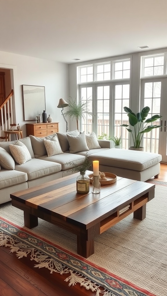 Modern rustic farmhouse living room with a sectional sofa, wooden coffee table, and large windows
