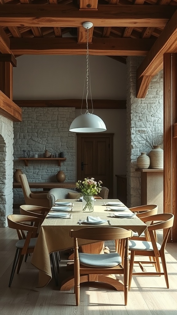 A modern rustic dining room in Trentino with wooden beams, stone walls, and an elegant table set for dinner.