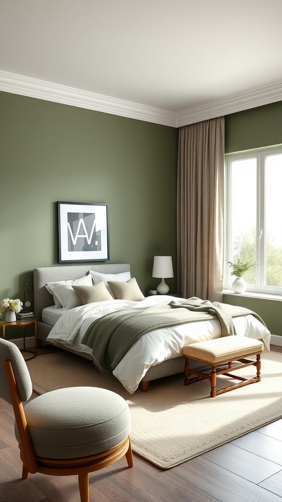 A modern bedroom featuring sage green walls, a cozy bed with white linens, and a stylish chair.