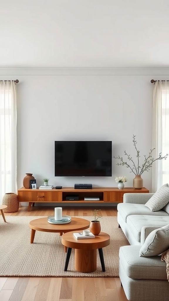 Modern luxury living room with Scandinavian design influence featuring a wall-mounted TV, wooden furniture, and cozy decor.