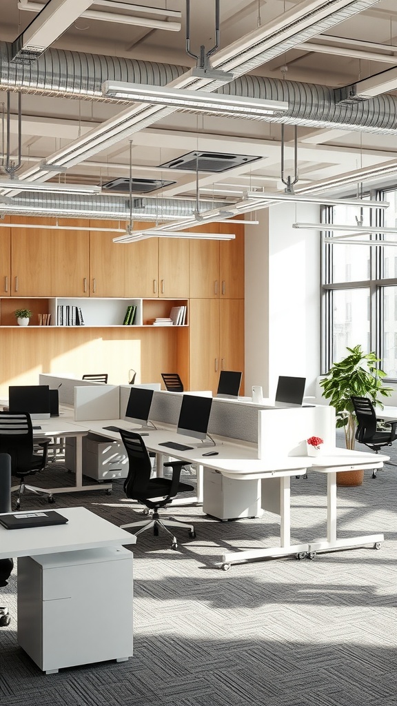 A modern office layout featuring modular desks, partitioned workspaces, and built-in storage.