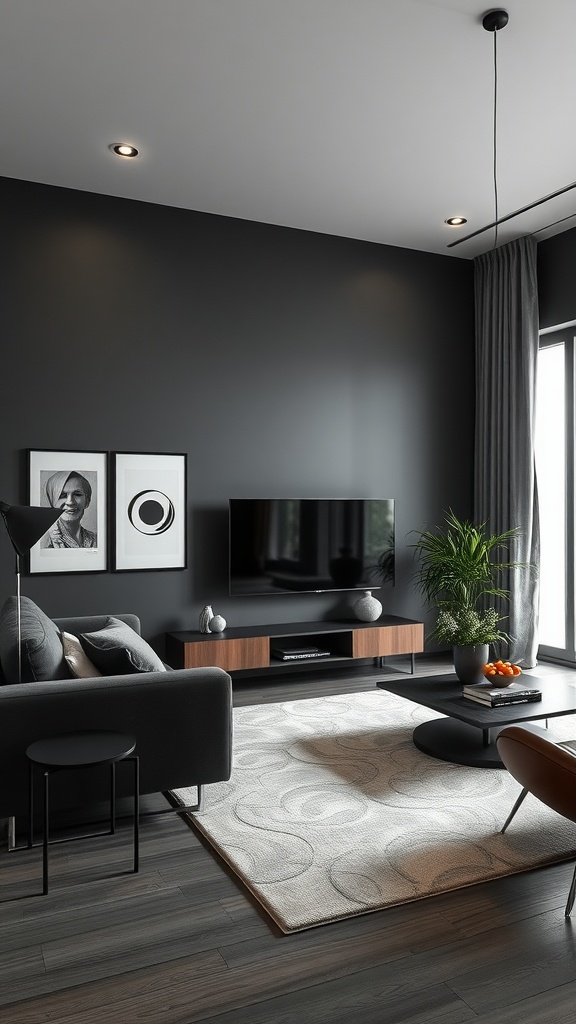 A modern living room featuring dark walls, sleek furniture, and a potted plant, showcasing a monochromatic color scheme.