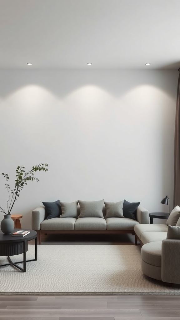 A contemporary living room featuring a monochromatic design with a soft wall color, cozy furniture, and warm lighting.