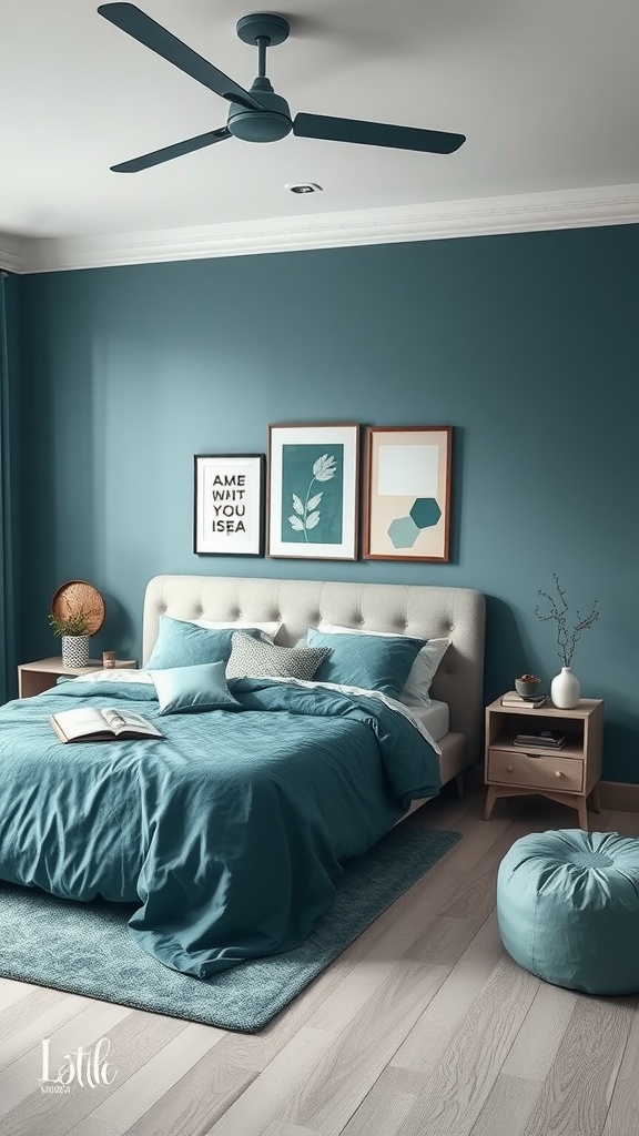 A cozy bedroom featuring a monochromatic teal color palette with a tufted headboard, matching bedding, and decorative artwork.