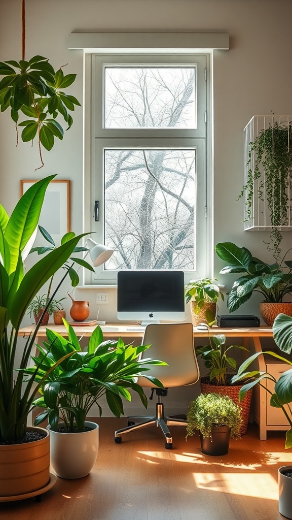 A stylish home office with various indoor plants and a desk by the window.