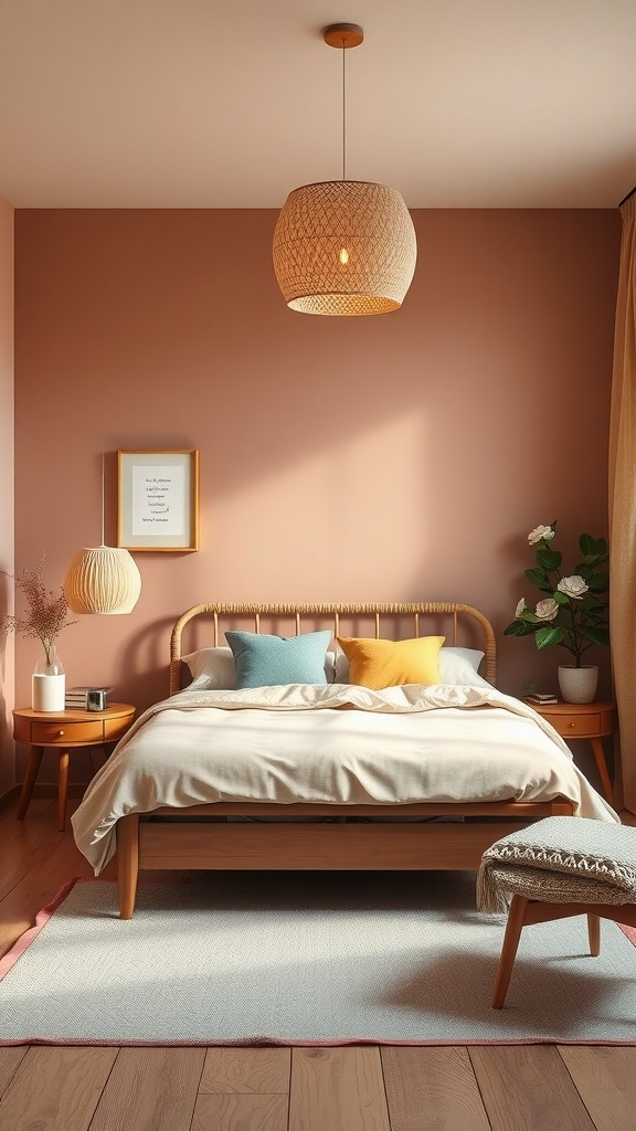 A cozy bedroom featuring warm blush walls, a light wooden bed, colorful throw pillows, and natural textures.