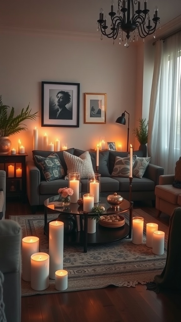A cozy living room with various candles set around a coffee table, creating a warm and inviting atmosphere.