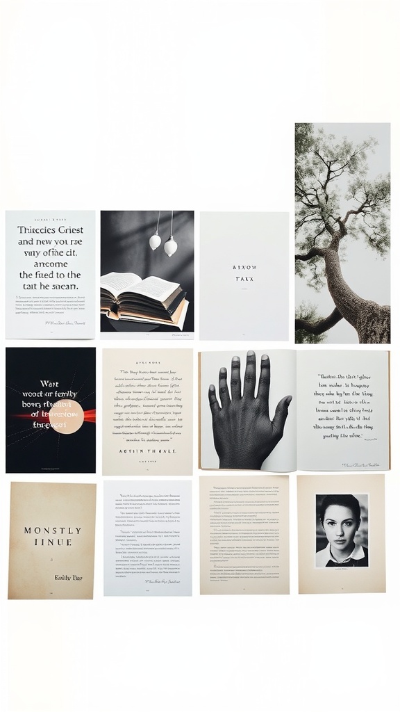 A mood board featuring a collection of literary texts, book imagery, and nature visuals.