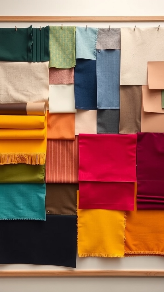 A vibrant mood board wall featuring various fabric swatches in different colors and textures.