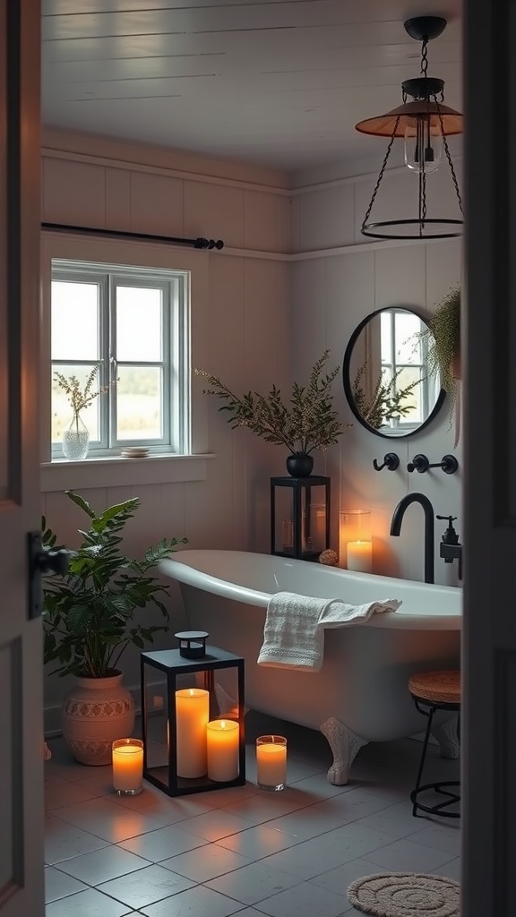 Cozy farmhouse bathroom with candles and plants creating a warm ambiance