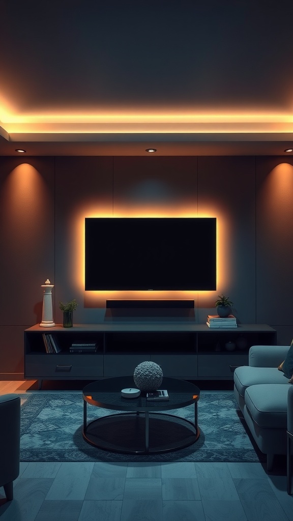 A modern living room with mood lighting around a TV, creating a cozy and stylish ambiance.