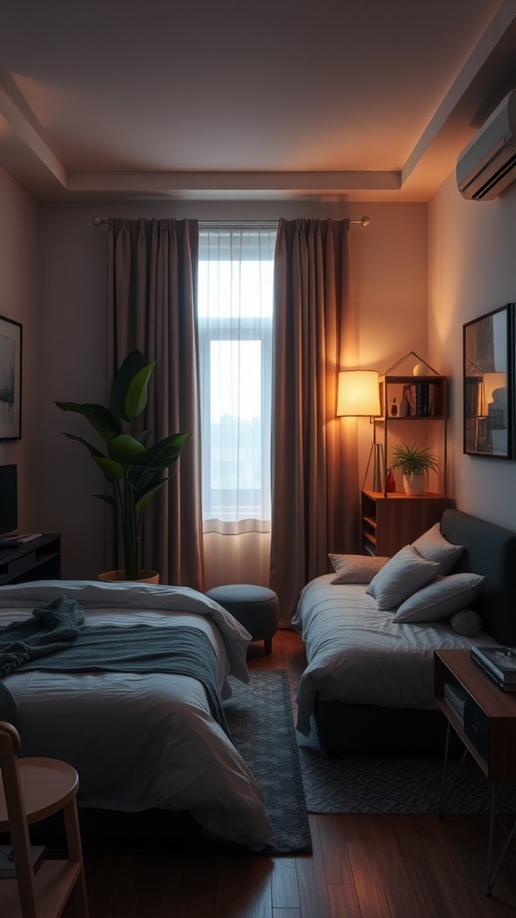 Cozy home office guest room with warm mood lighting and a comfortable atmosphere