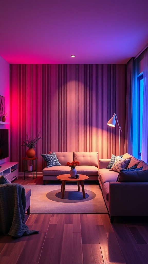 A cozy living room featuring smart bulbs with ambient lighting in warm hues.