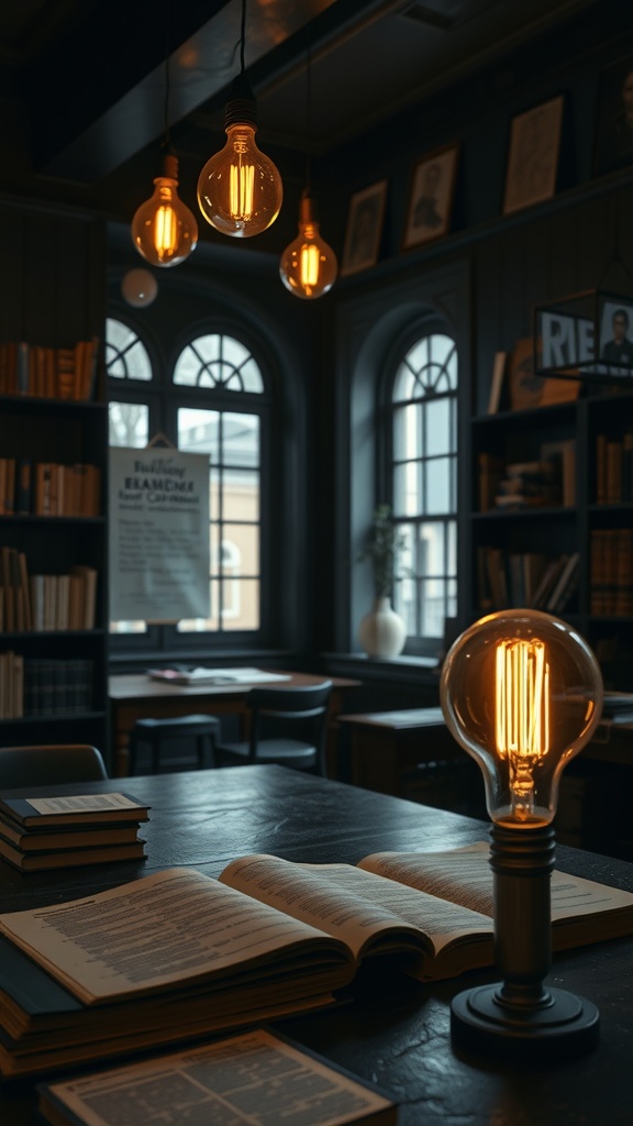 A cozy reading nook with vintage Edison bulbs and open books on a dark wooden table