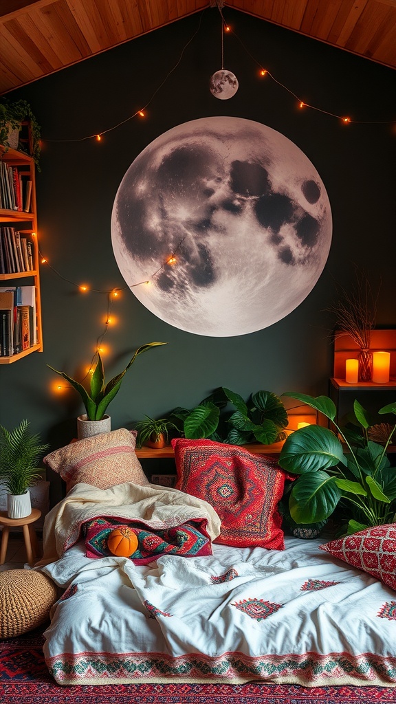 A boho-style bedroom featuring a large moon mural, warm fairy lights, and cozy textiles.