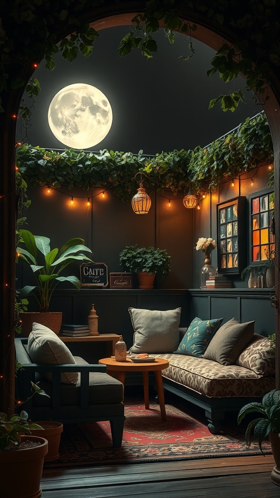 A cozy alcove with velvet seating, plants, and moonlight illuminating the space.