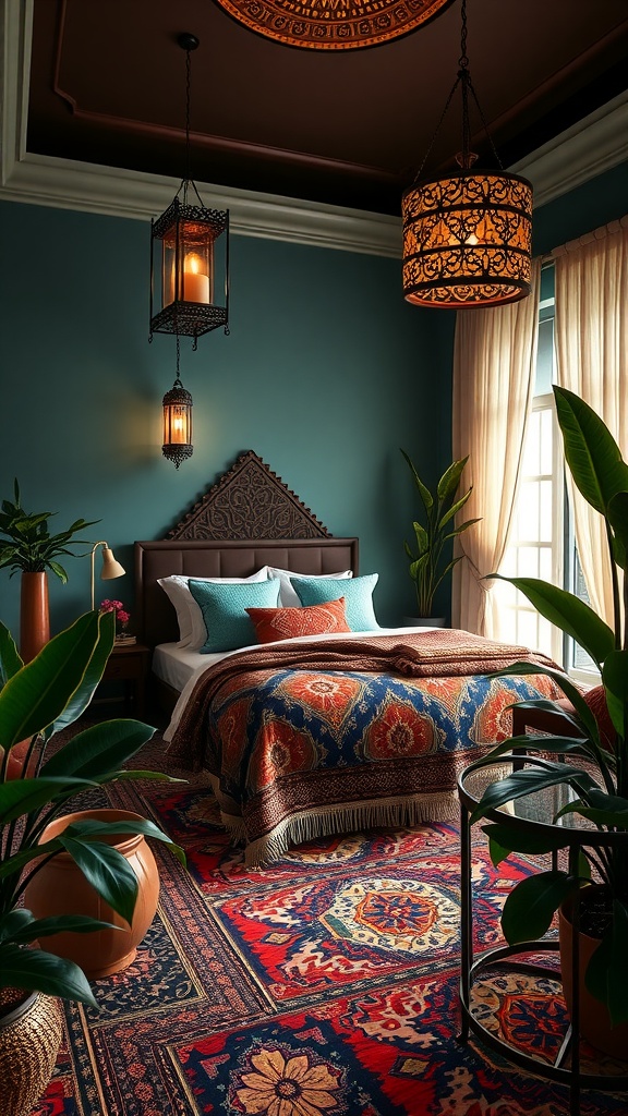 A beautifully styled master bedroom featuring rich colors and intricate patterns, with a cozy bed, elegant lanterns, and lush plants.