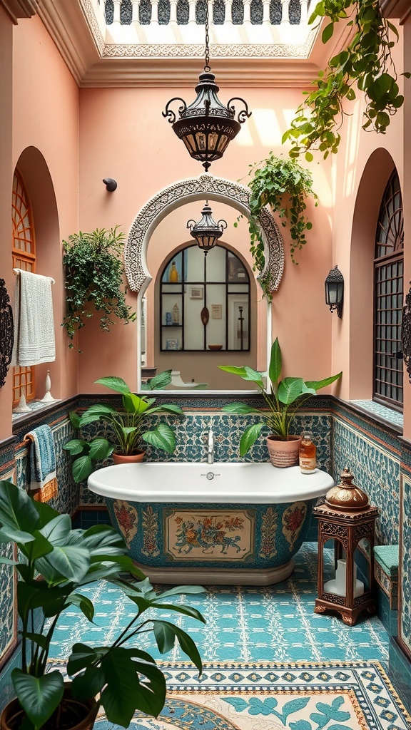 A Moroccan-inspired bathroom featuring a freestanding bathtub, vibrant tiles, and hanging plants.