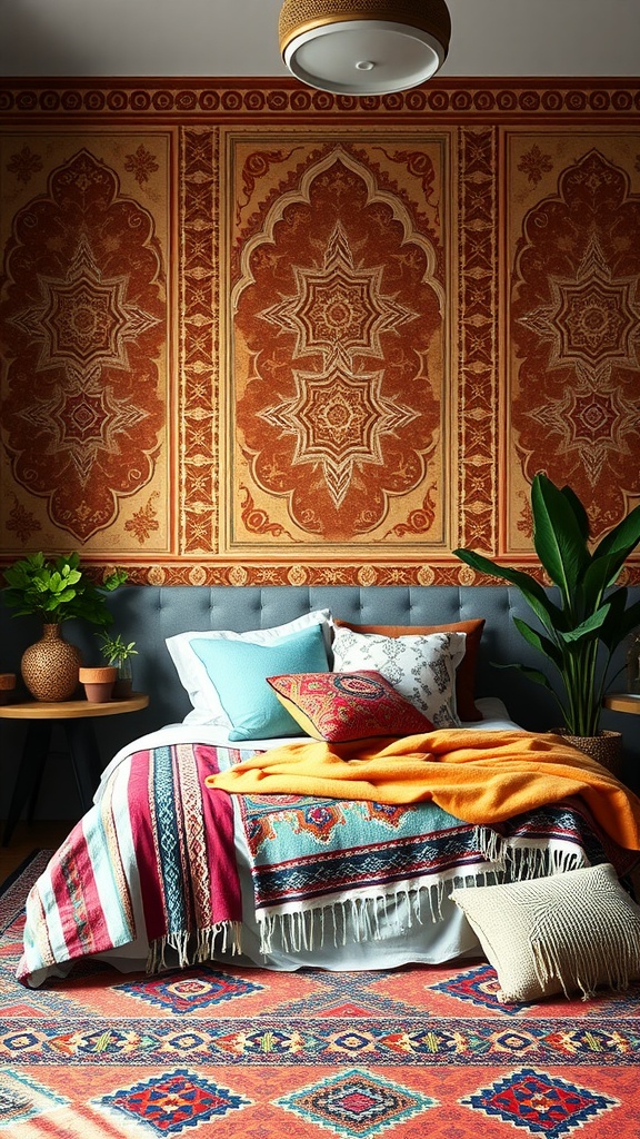 A beautifully decorated bedroom featuring Moroccan stencil art on the accent wall, with cozy bedding and warm lighting.