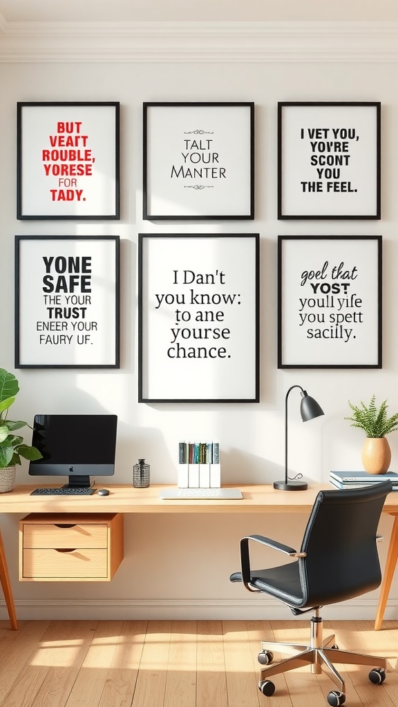 A stylish home office with motivational quotes framed on the wall.