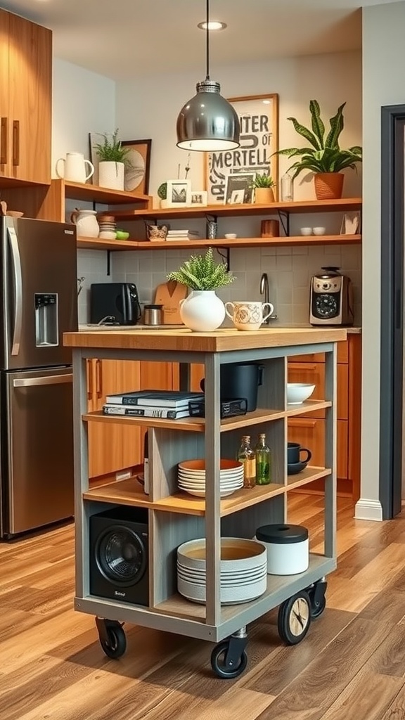 A movable kitchen island on wheels in a small apartment kitchen with open shelving and stylish decor.