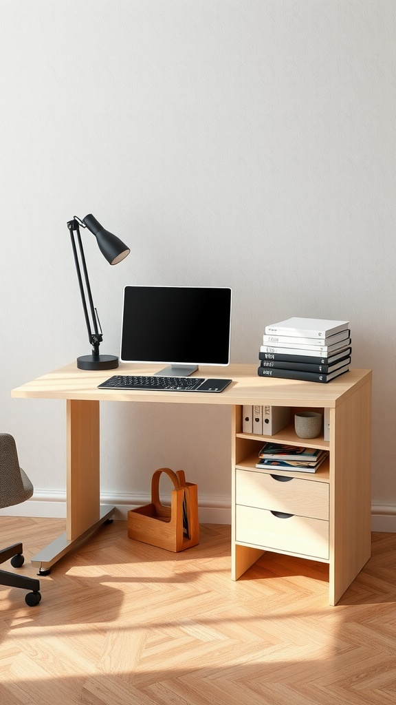 A modern multi-functional desk with storage features, including drawers and shelves, paired with a computer and lamp.