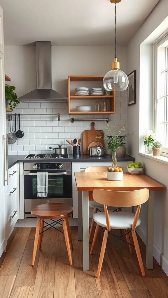 A small kitchen featuring a compact dining table with two chairs, open shelves, and a modern stove.