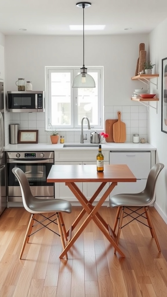 A small, modern kitchen featuring a folding table with two chairs, open shelving, and a pendant light.