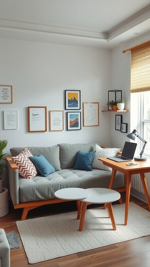 Cozy home office setup featuring a sofa and desk in a small space