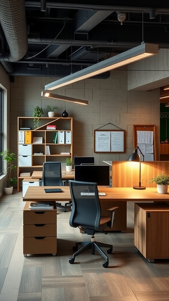 A modern office space with multi-functional furniture, including desks, chairs, and storage solutions.