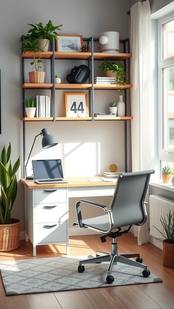 A modern home office featuring a wooden desk, comfortable chair, open shelving with plants and books, and a large window with natural light.