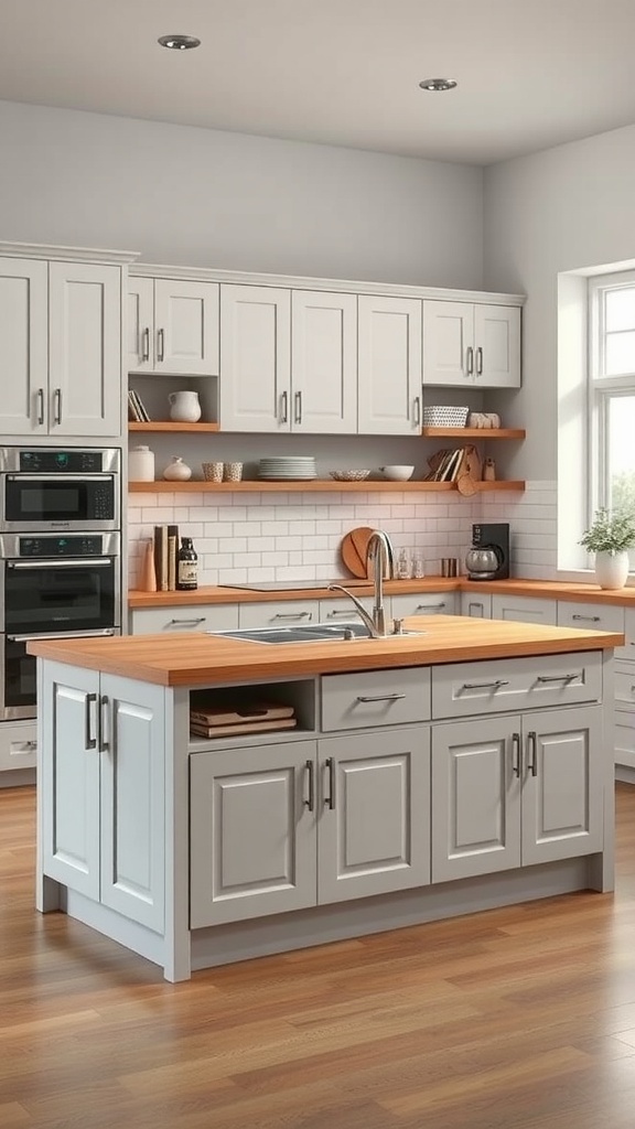 A small kitchen island with built-in storage in a modern kitchen setting