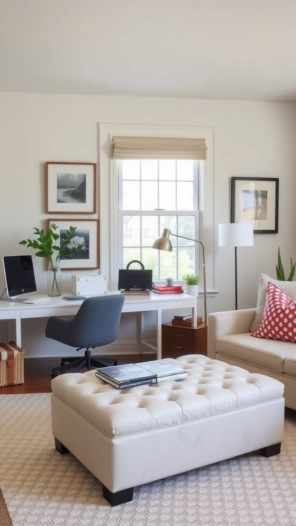 Stylish home office with a multi-functional ottoman, desk, and cozy seating
